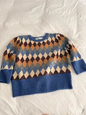 Zara large SEQUINS  Argyle Crewneck Sweater in Blue and Neutral Tones